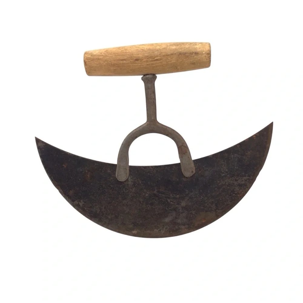 Vintage Antique Mezzaluna Herb Chopper Rustic Kitchen Tool Wood Handle 7” Blade